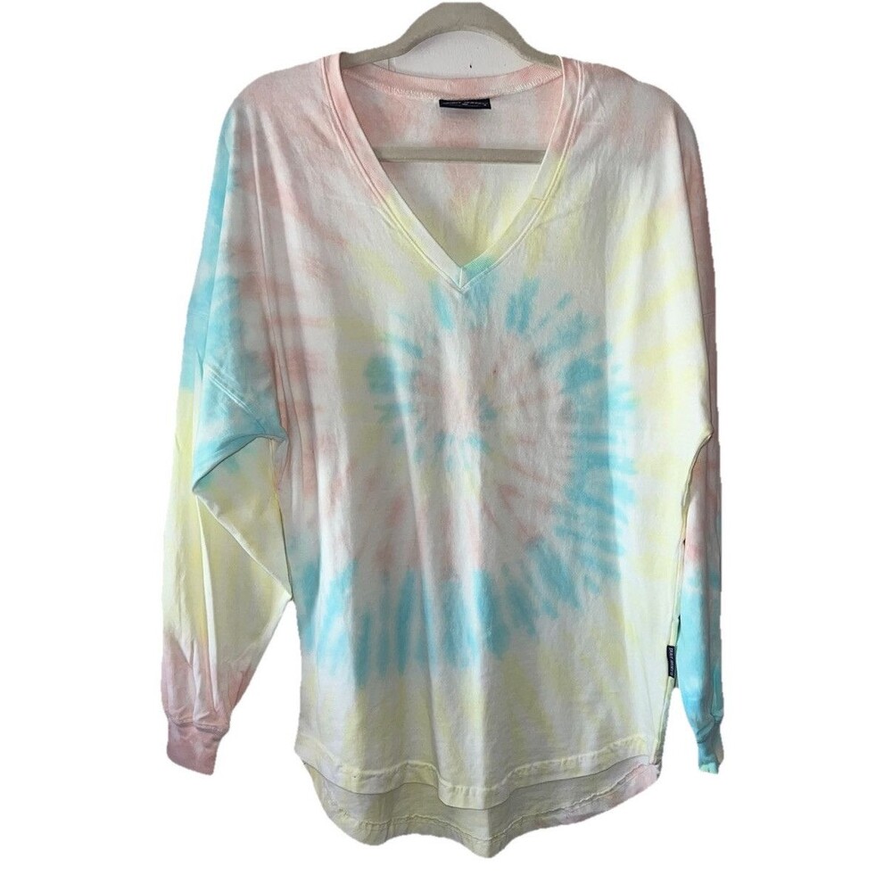 Spirit Jersey Pastel Tie Dye Long Sleeve V-Neck Shirt Unisex Size Small NWOT